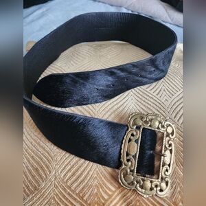 Vintage Ralph Lauren Black Pony Hair Belt with Bronze Buckle